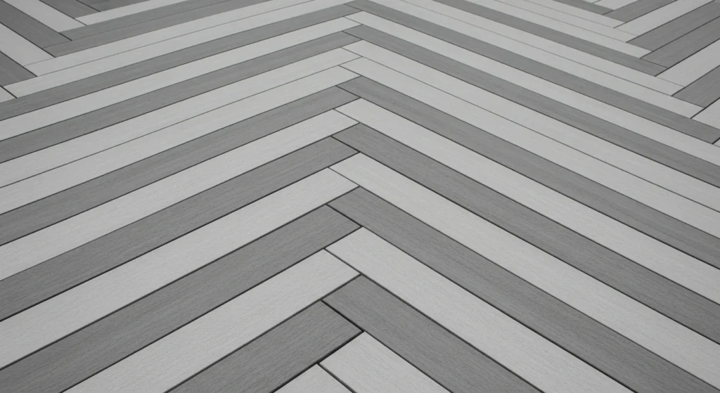 Herringbone pattern painted on concrete porch in two-tone gray with V-shaped design