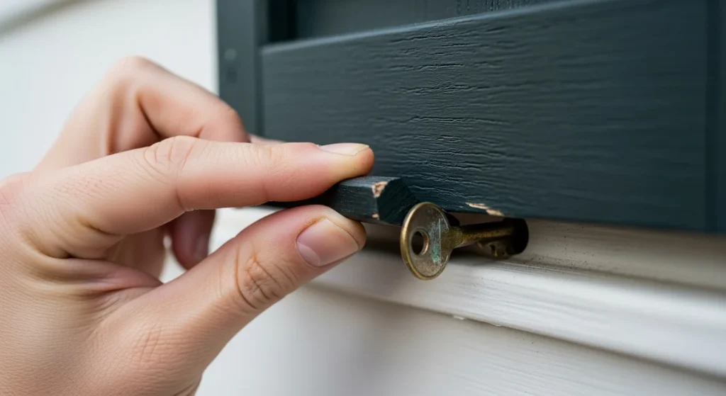 Close-up of decorative house shutter with hid key compartment behind it