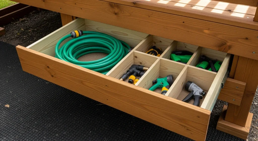 Under-deck pull-out drawer system with organized garden hose storage compartments and dividers
