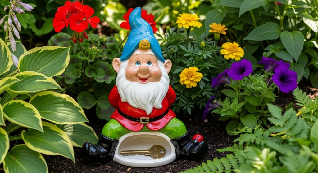 Decorative garden gnome with removable base revealing key compartment