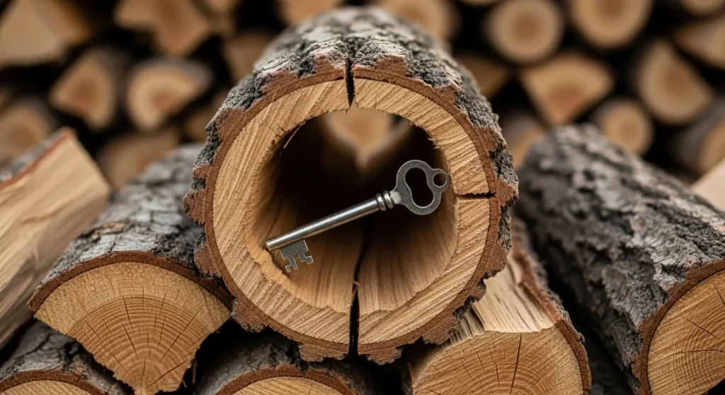 Firewood log with drilled hollow center containing hidden key