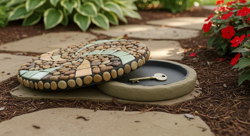Garden stepping stone with removable top revealing hidden key chamber