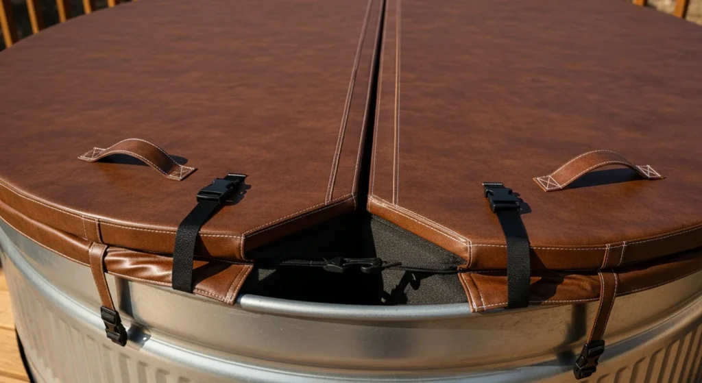  Brown vinyl hot tub cover with foam insulation and center hinge positioned on stock tank pool