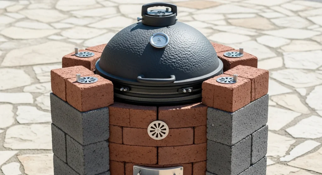 DIY kamado-style grill with thick insulated walls and cast iron dome lid