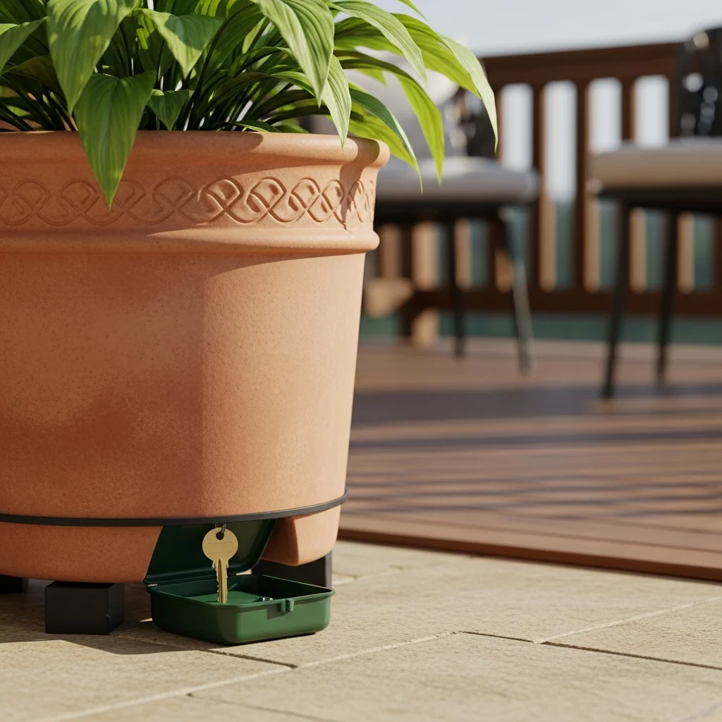 Heavy decorative plant pot lifted to show waterproof key holder underneath