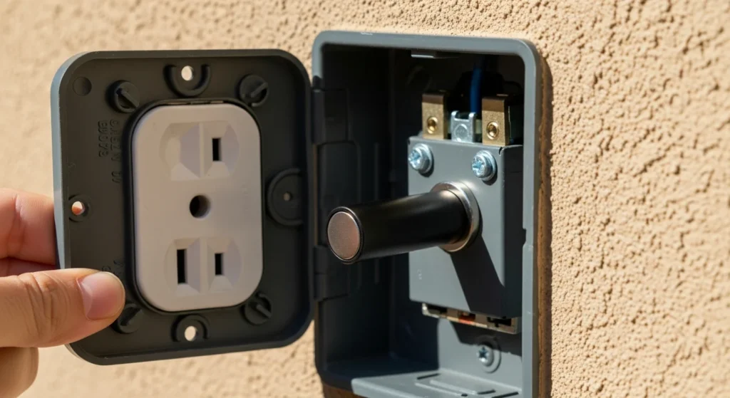 Exterior electrical outlet with cover removed showing magnetic key holder