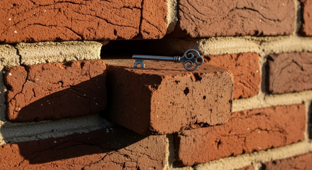 Brick wall with one loose brick pulled out revealing key hiding space