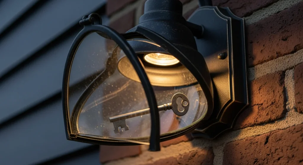 Outdoor wall light fixture with cover removed showing hidden key inside