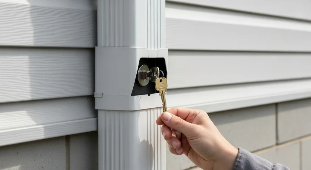 Hand reaching into gutter downspout to access hidden key