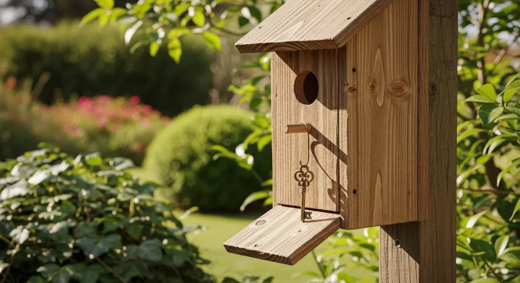 Wooden birdhouse with access door open showing key hanging inside