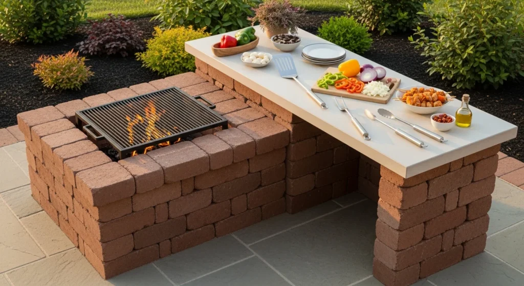 L Shaped Square Fire Pit with Built In Prep Surface.203ZSquare fire pit extended with attached food preparation work area
