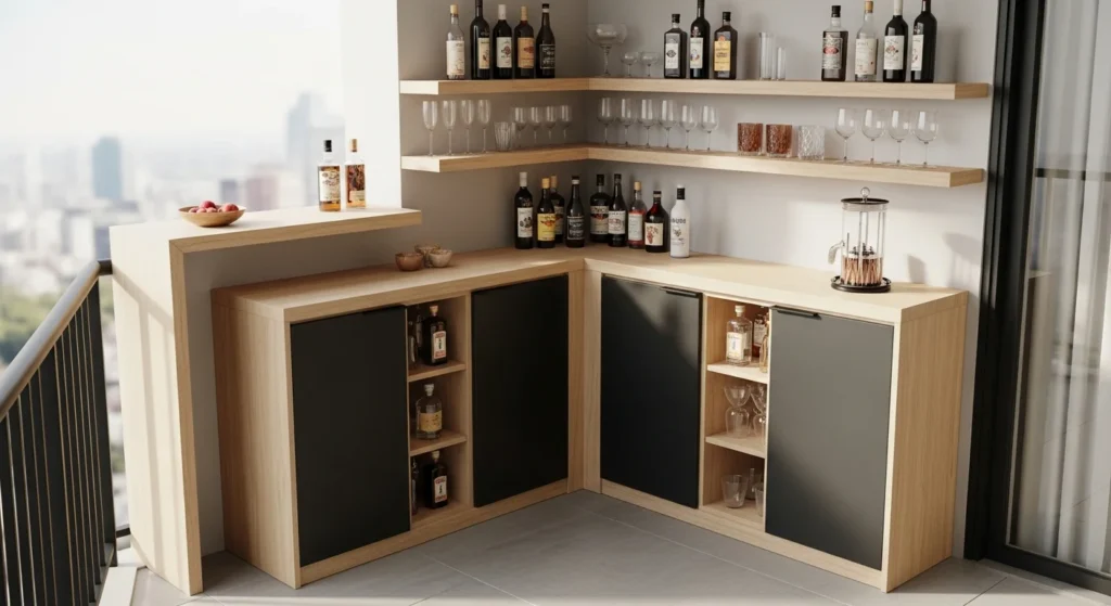 L-shaped corner bar configuration with floating shelves maximizing unused balcony corner space