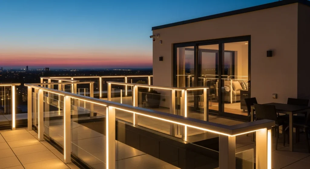 Rooftop terrace with illuminated railing.