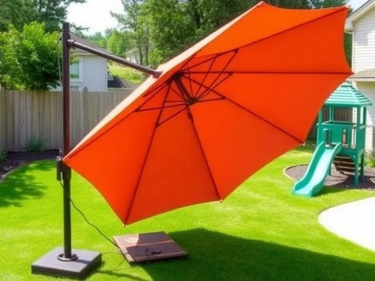 Large commercial-grade cantilever patio umbrella in terracotta color with 10-foot diameter