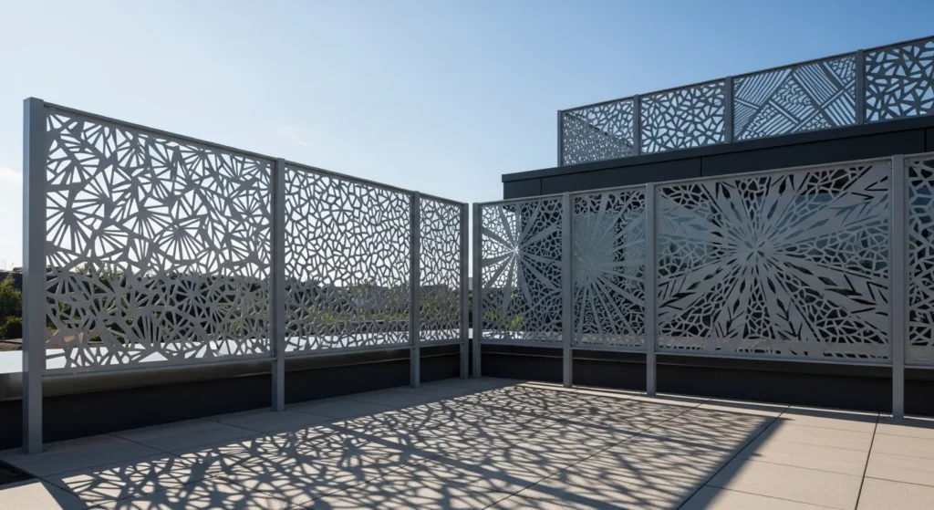 Artistic modern rooftop featuring intricate laser-cut metal panel railings.