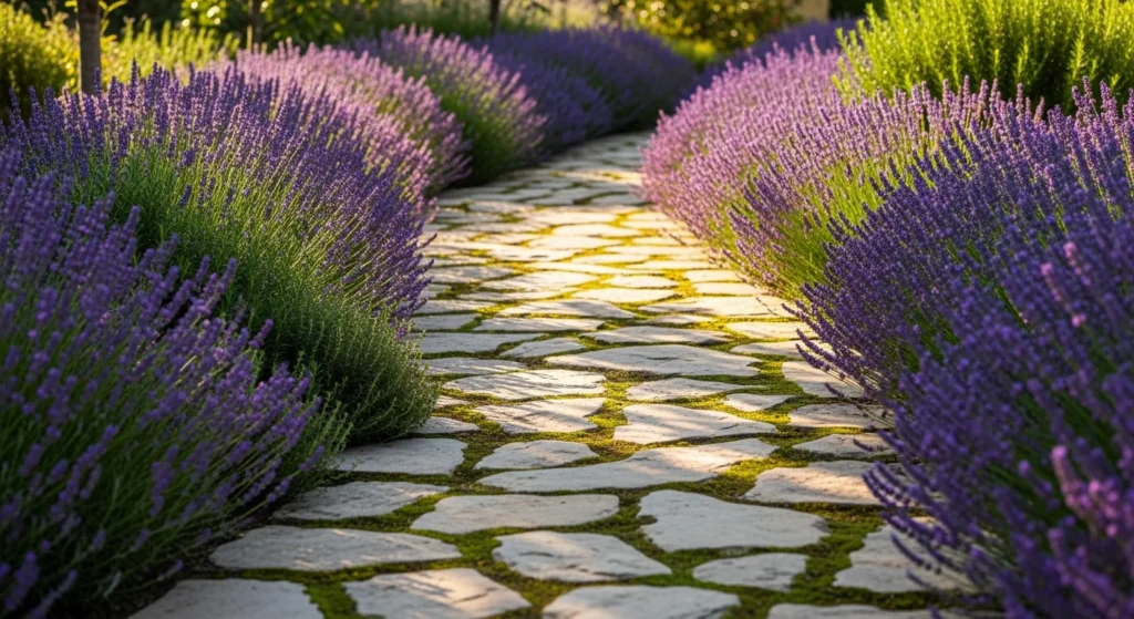 Stone garden pathway flanked by dense drifts of blooming purple lavender creating aromatic borders on both sides