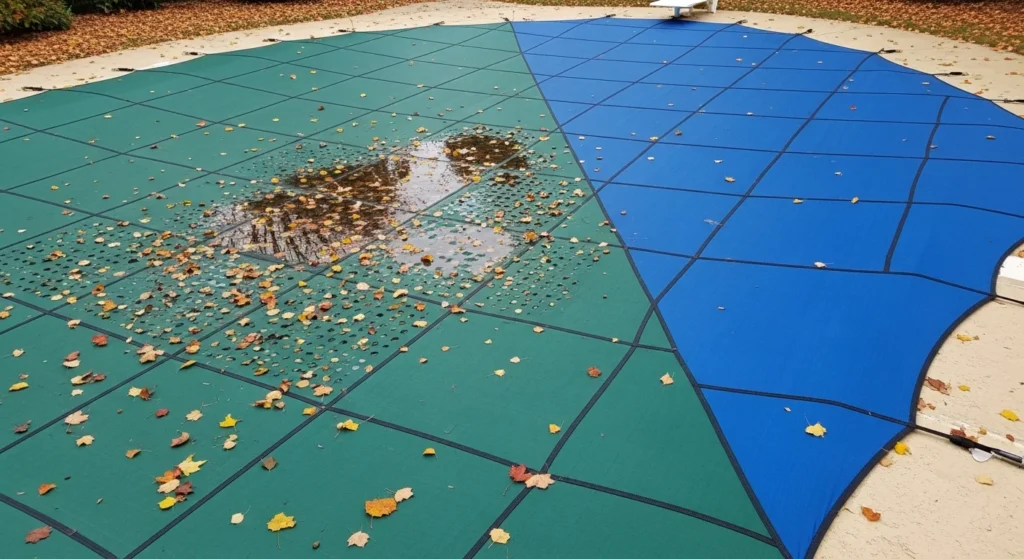 Green mesh tarp and solid blue tarp combination covering an above ground pool.