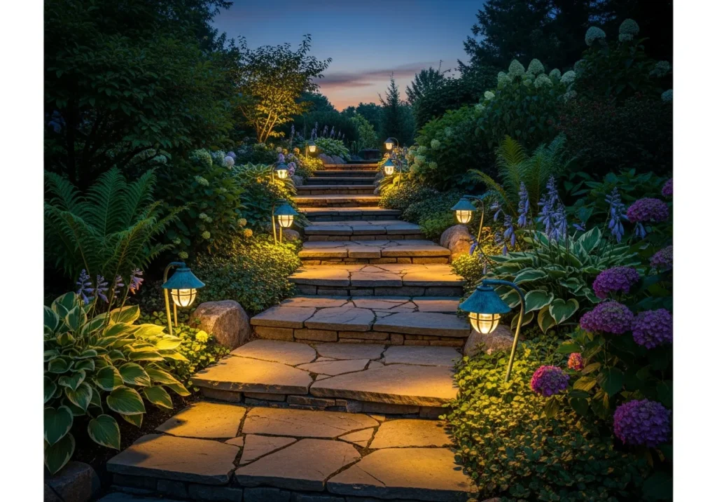 Low Voltage Copper Path Lights Along Steps