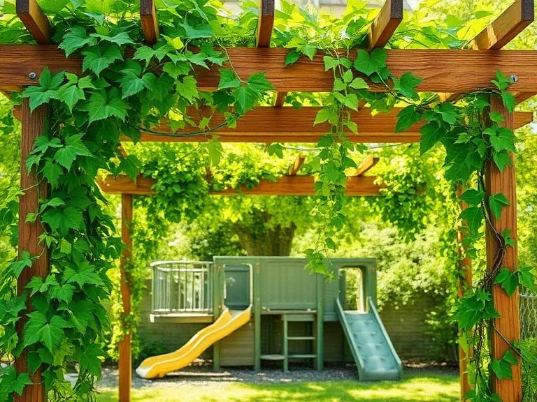 Lush climbing vines with green foliage growing across a wooden trellis arbor structure, creating natural dappled shade over a playground area, young fast-growing trees planted strategically around play equipment, organic garden aesthetic.