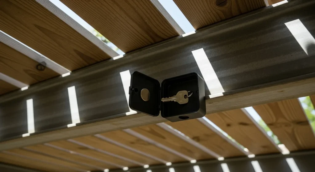 Small magnetic key box attached to underside of wooden deck beam