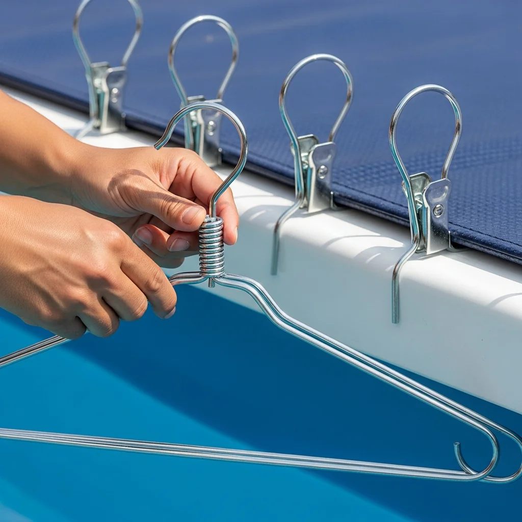  Small metal clamp hangers temporarily securing pool cover during installation.