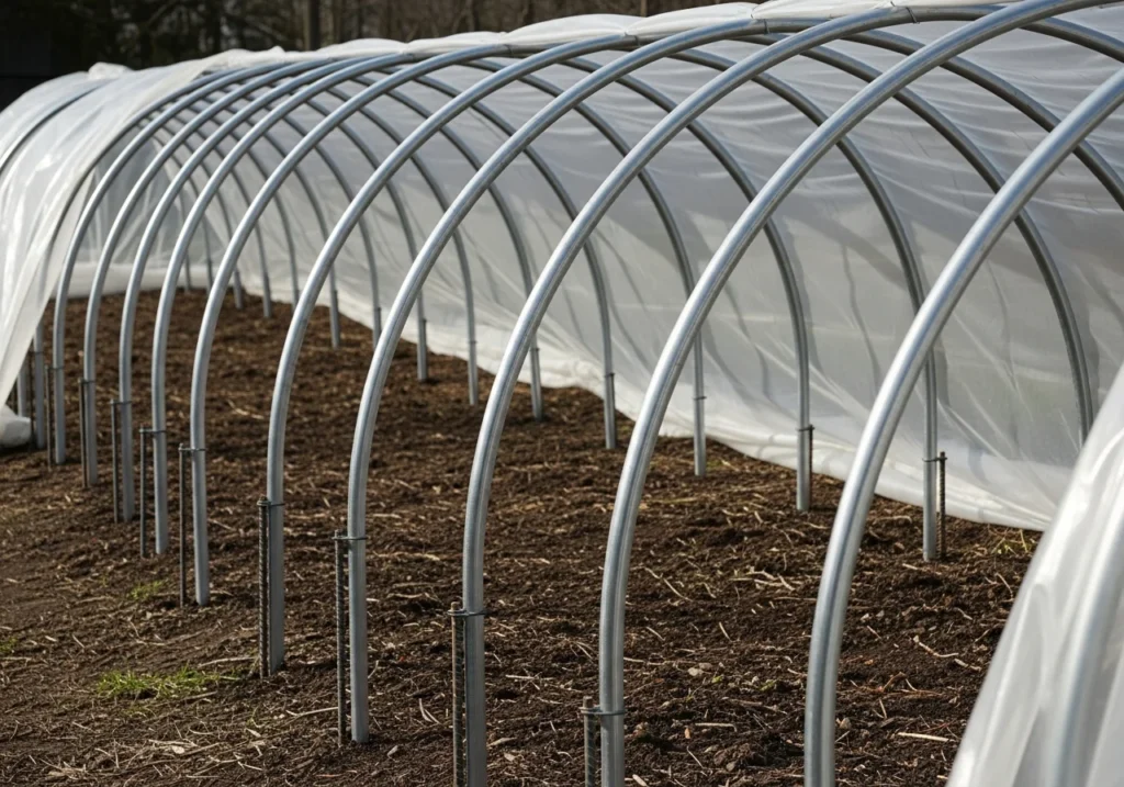 Metallic silver EMT electrical conduit pipes bent into uniform hoops over a vegetable garden bed. 