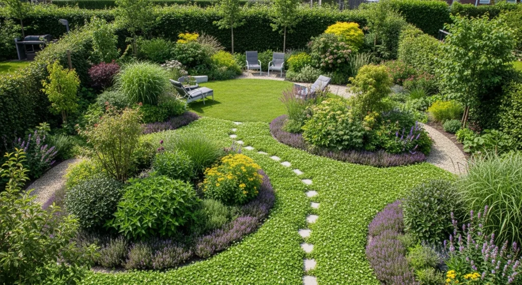 Reduced lawn area replaced with ground cover alternatives and mixed planting borders