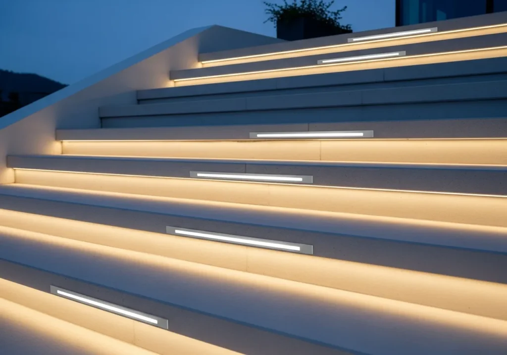 Minimalist Horizontal Strip Lights on Risers Clean