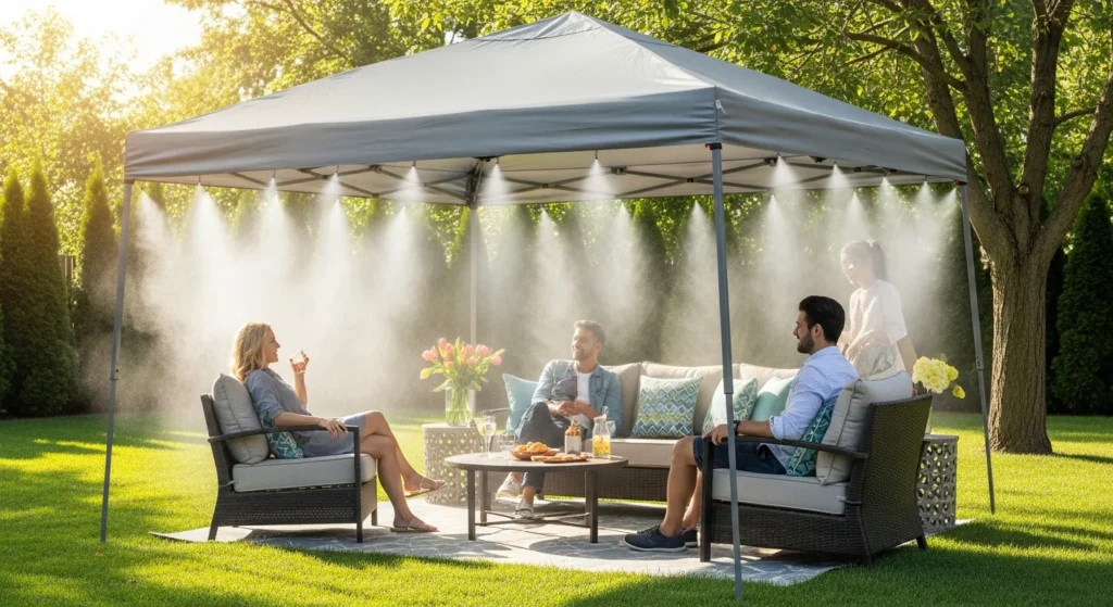  Shaded canopy tent with misting nozzles creating a cool retreat area
