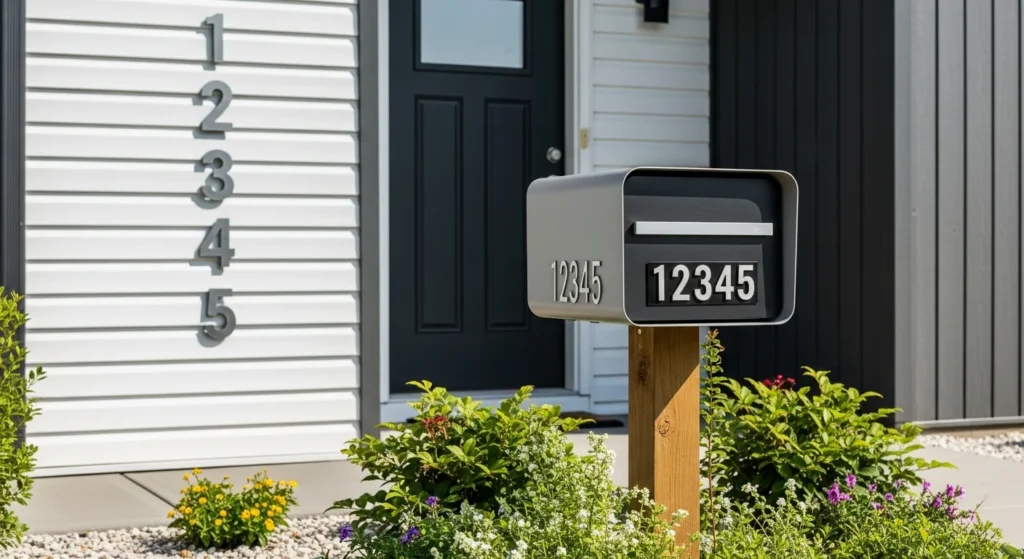 Modern house numbers and decorative mailbox adding curb appeal to mobile home exterior