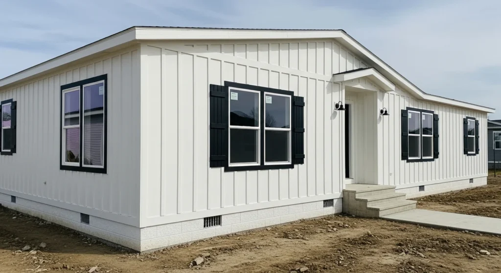 Mobile home exterior with vertical board and batten siding in modern farmhouse style