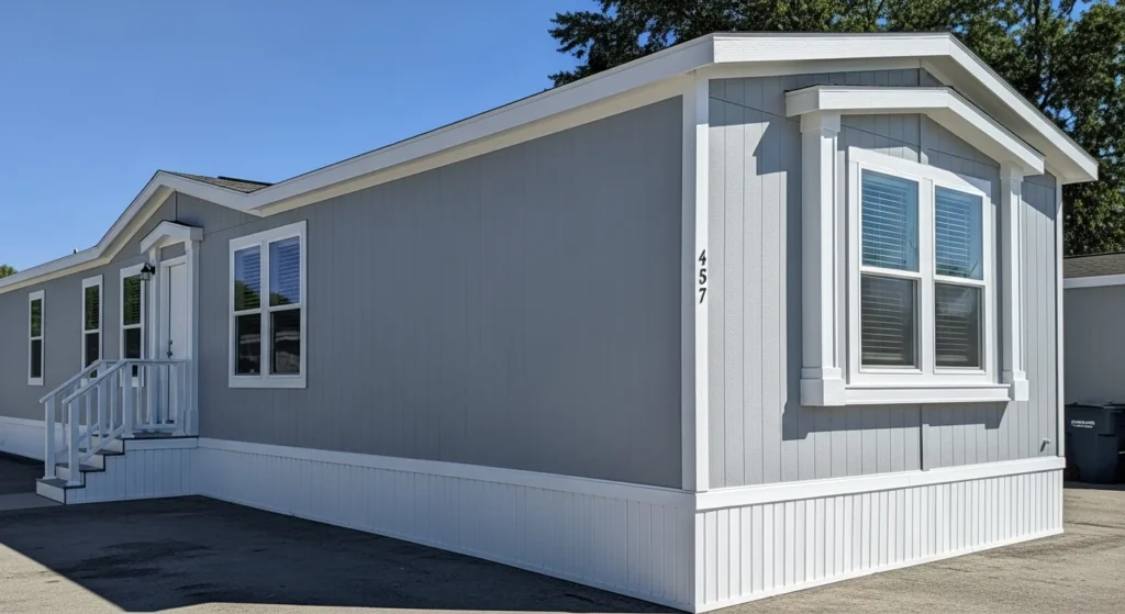 Freshly painted mobile home exterior in gray and white showing dramatic color transformation