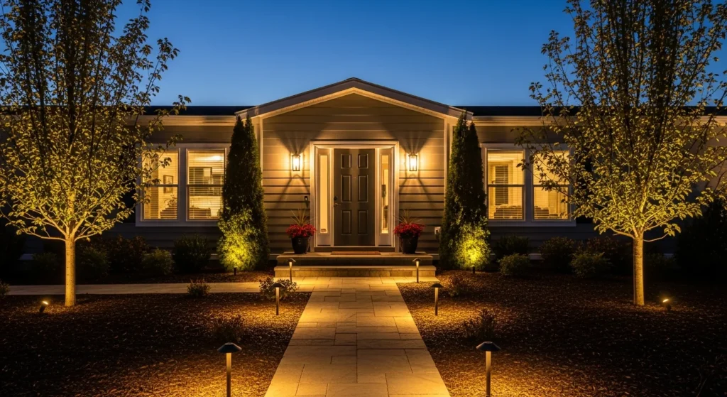 Mobile home exterior lighting at dusk with entry sconces and landscape lights creating welcoming ambiance
