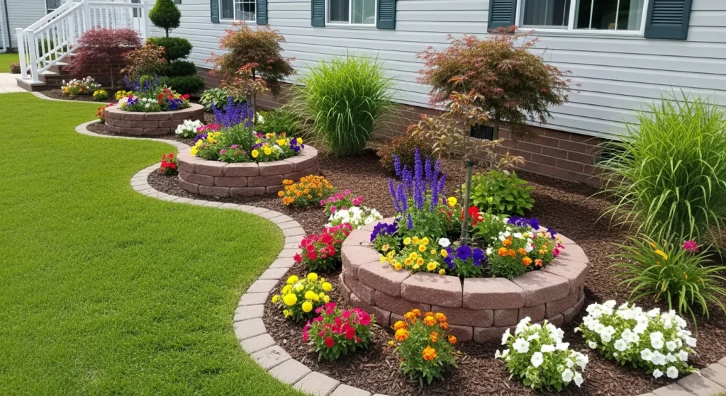 Mobile home exterior with professional landscaping featuring raised flower beds and ornamental plants