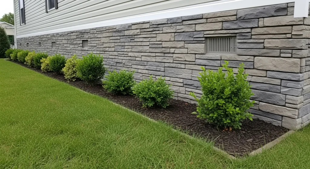 Faux stone skirting installed around mobile home foundation for finished professional appearance