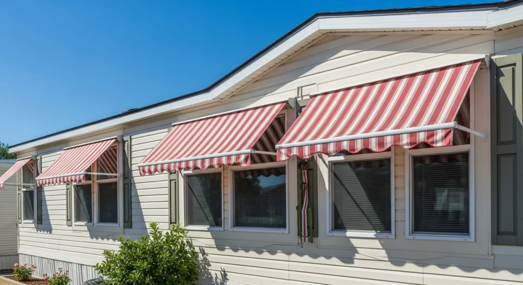 Decorative striped fabric awnings installed over mobile home windows for shade and style