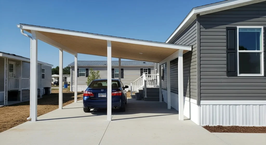Attached carport addition to mobile home with matching roofing and support columns