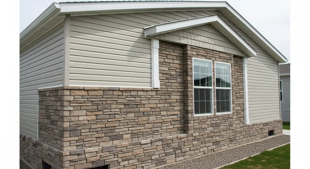Faux stone veneer accent wall on mobile home exterior creating upscale dimensional appearance