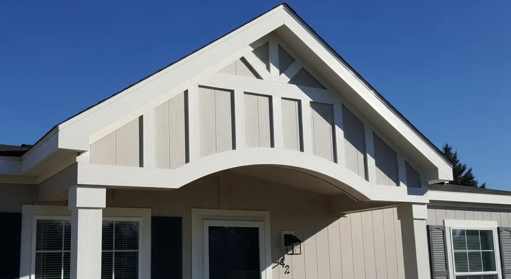 Decorative gable addition over mobile home front entry creating architectural interest