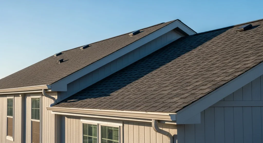 Mobile home with increased roof pitch and architectural shingles resembling traditional house roofline
