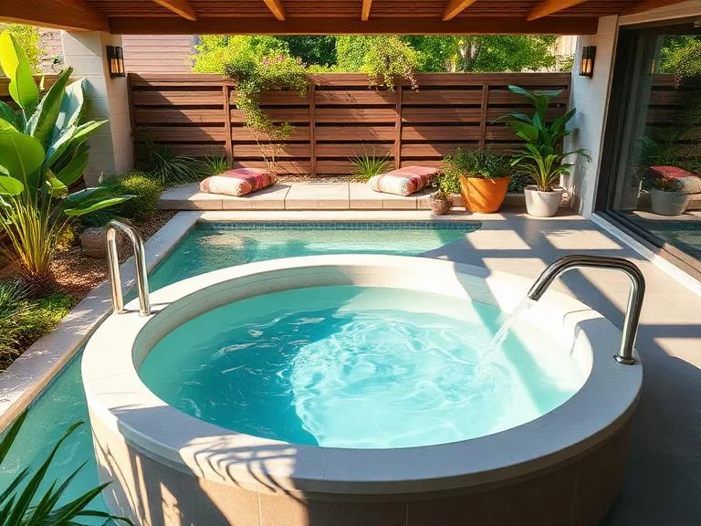 A serene home wellness setup featuring a modern cold plunge installation in a beautifully designed backyard or indoor space, with clean water
