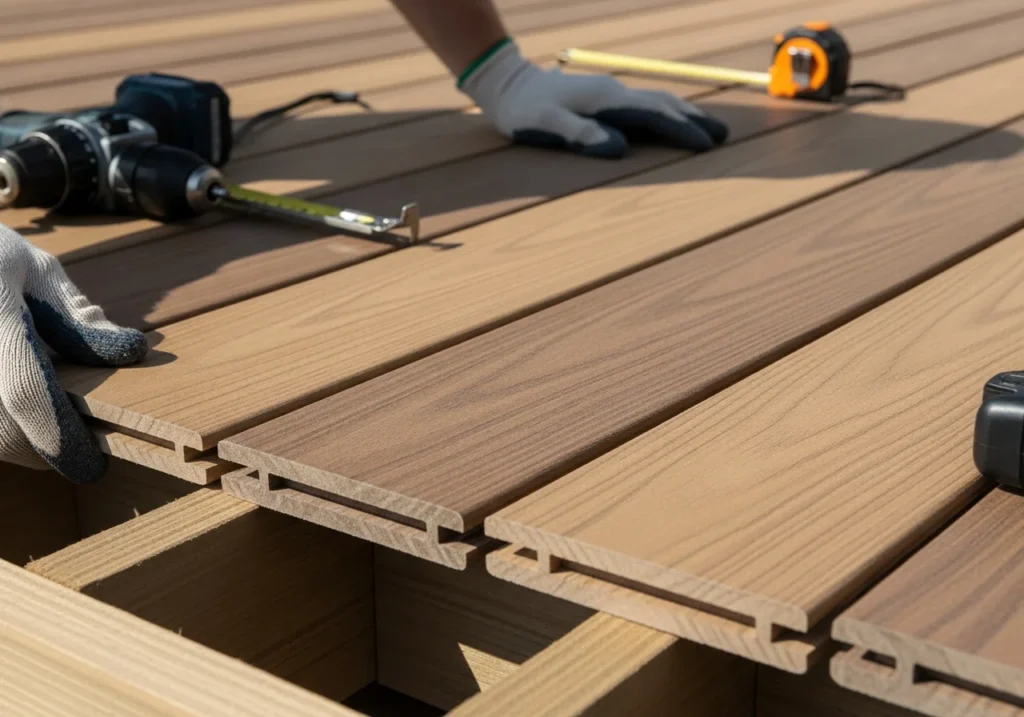 Modern composite decking boards in natural wood-like brown tones