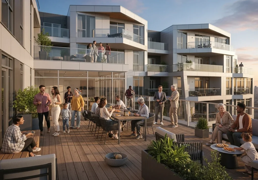 Modern condominium rooftop combining wood, steel, and glass railing materials.