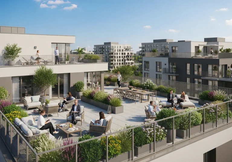 Modern residential apartment building rooftop terrace