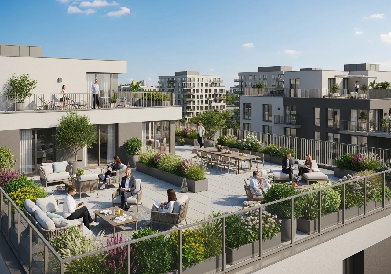 Modern residential apartment building rooftop terrace