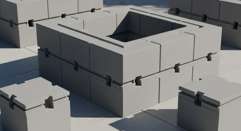 quare fire pit constructed from specialized interlocking concrete blocks
I
