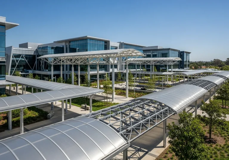 A wide establishing shot showing multiple modern walkway canopy designs