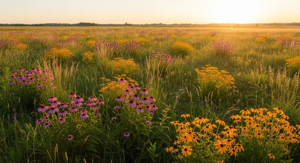 Expansive naturalistic meadow with native wildflowers and grasses creating flowing drifts of purple coneflowers and black eyed susans