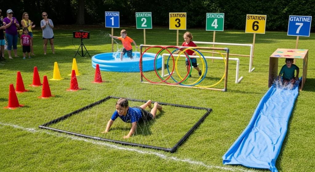 Backyard water obstacle course with multiple stations including sprinklers, pools, and challenges