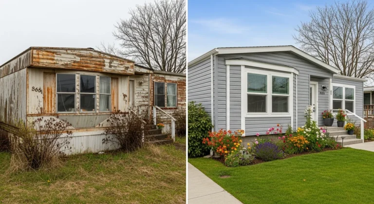 Before and after comparison of an old mobile home exterior remodel showing dramatic transformation from dated appearance to modern beautiful home